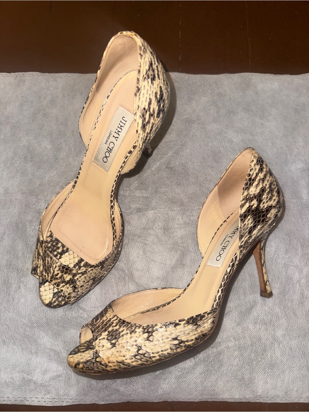 Jimmy Choo Snake-Print Peep Toe Pumps in Beige and Black